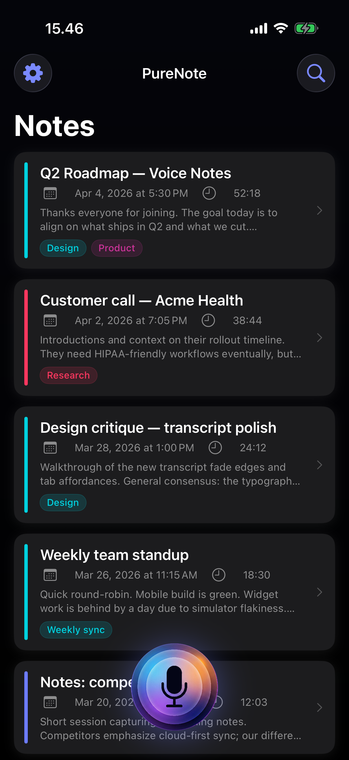 PureNote recordings list