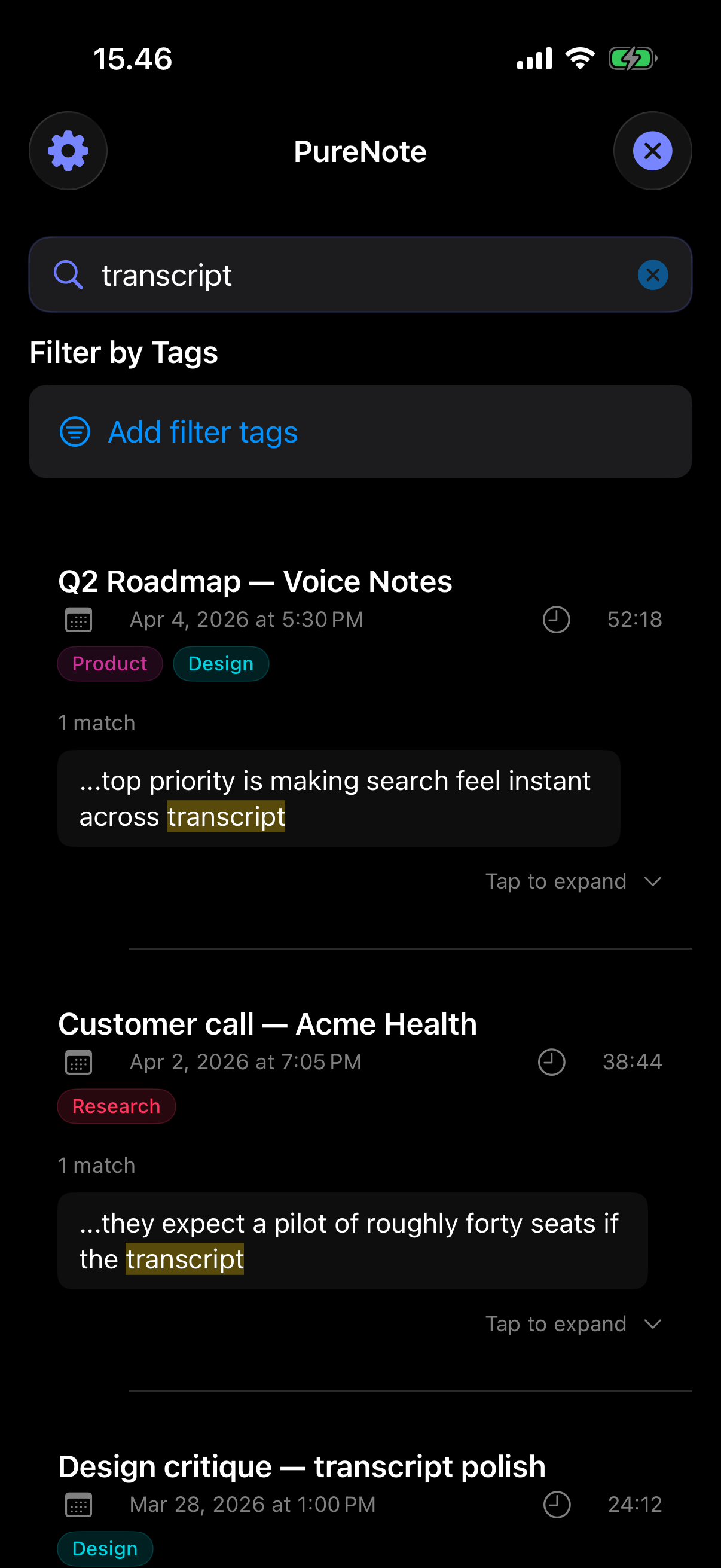 Search notes across transcripts with highlighted matches