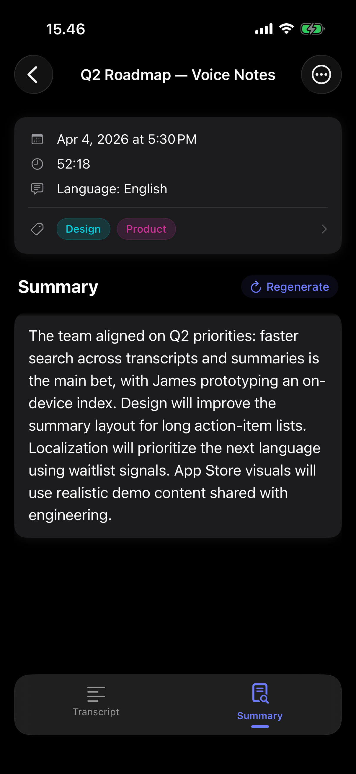 On-device AI summary of a note