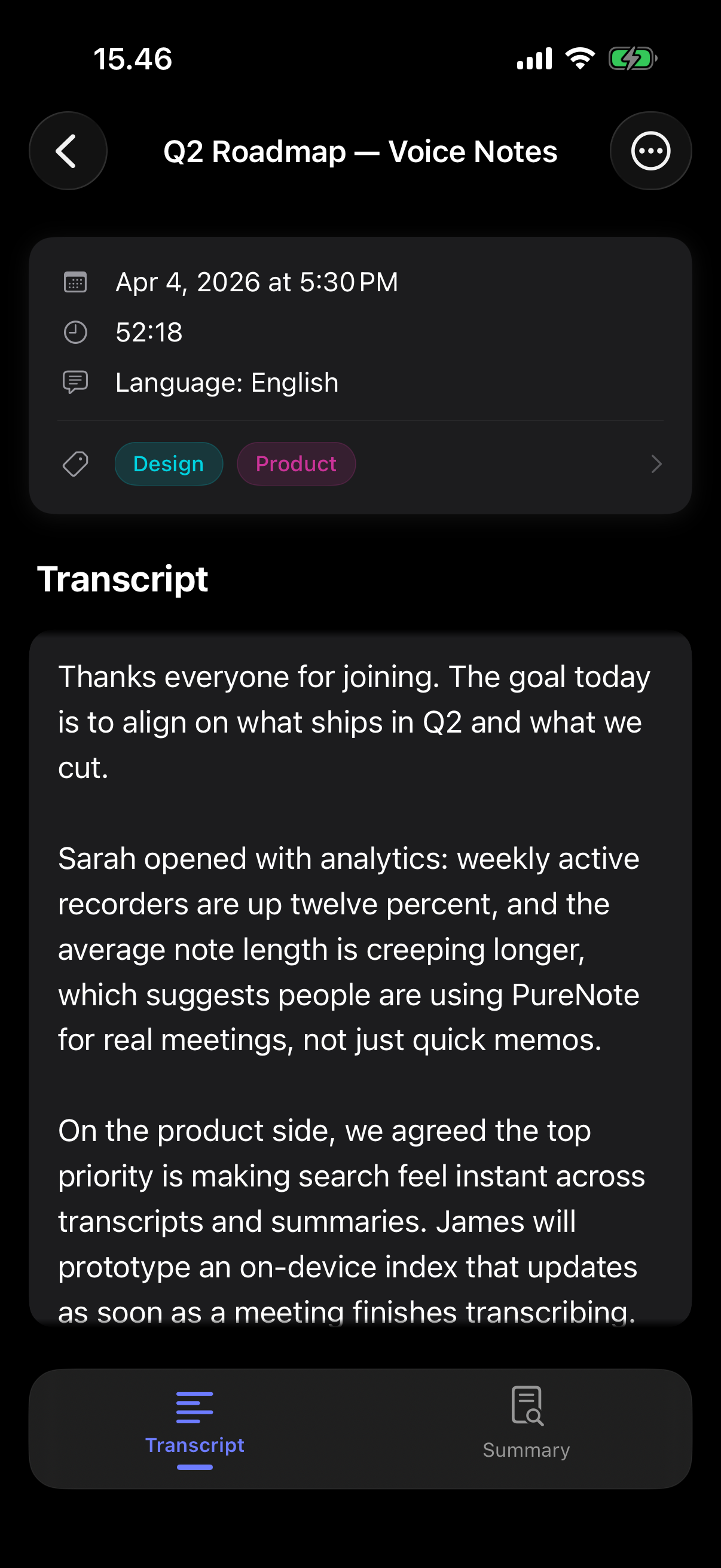 Note transcript with timestamps